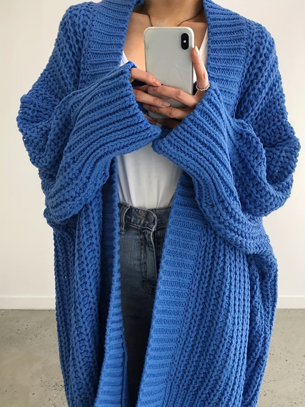 Chunky Knit Open Front Longline Cardigan - Blue - 1