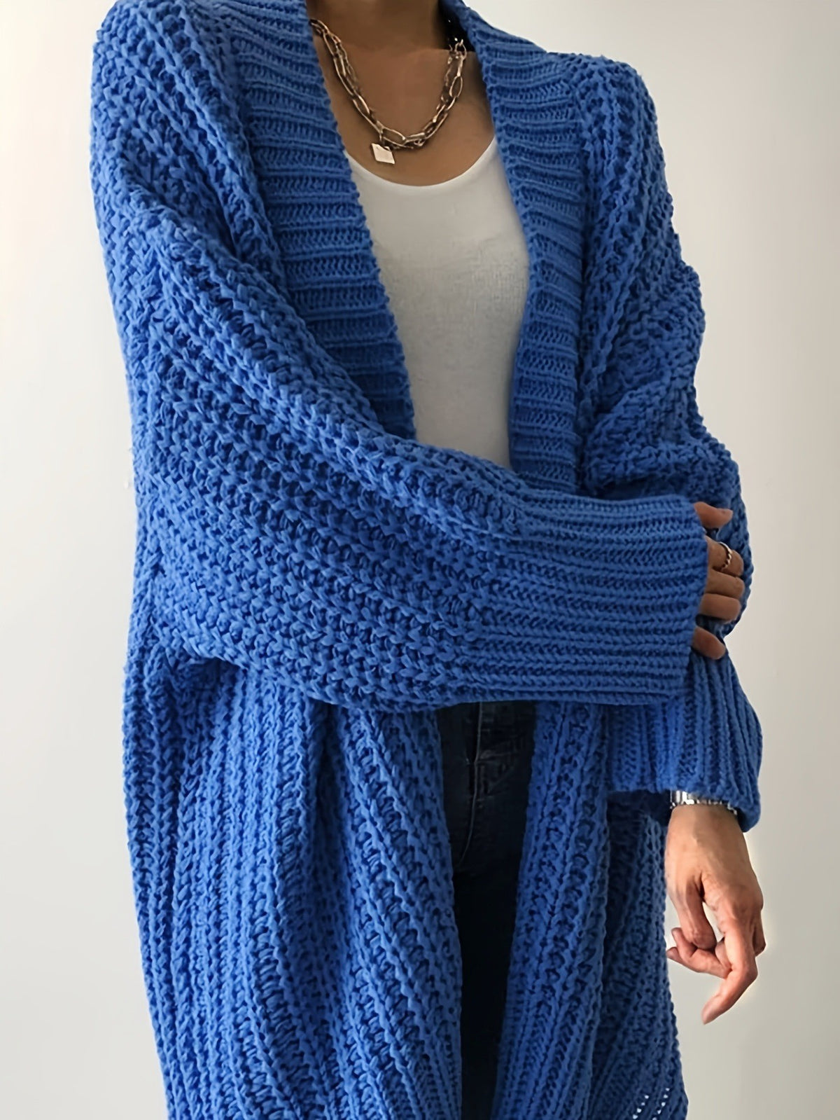 Chunky Knit Open Front Longline Cardigan - Blue - 5