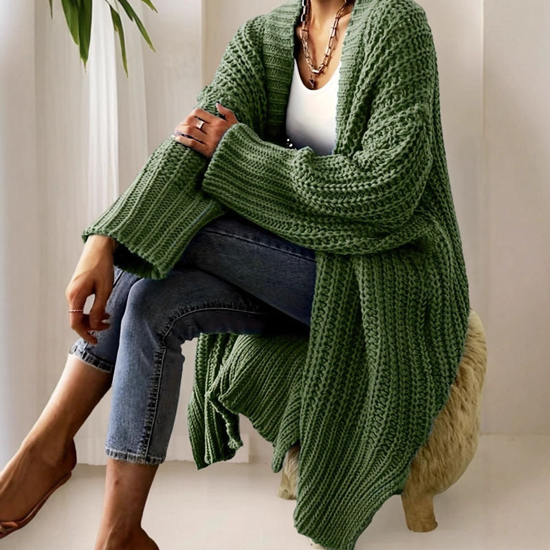 Chunky Knit Open Front Longline Cardigan - Green