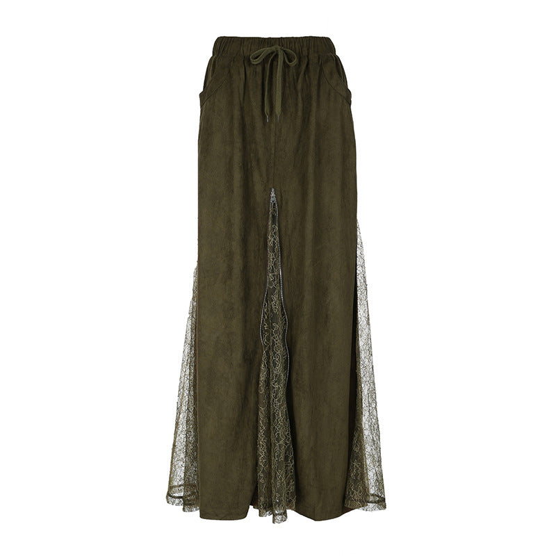 Lace Panel Godet Maxi Skirt - Green