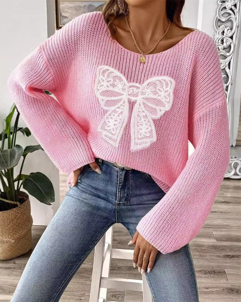 Lace Bow Applique Oversized Knit Sweater - Pink - 1