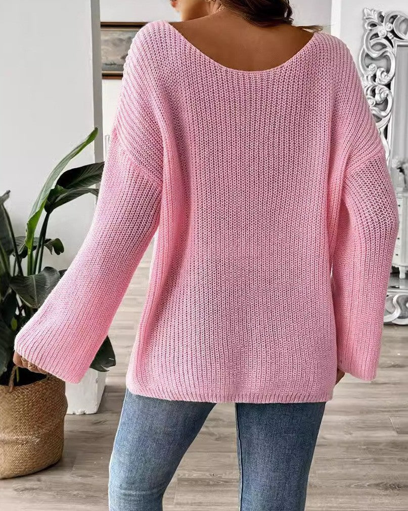 Lace Bow Applique Oversized Knit Sweater - Pink - 2