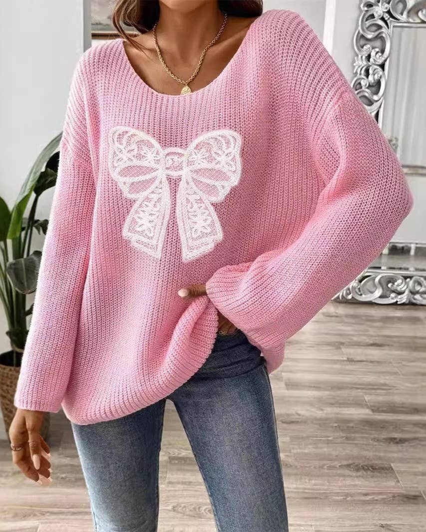Lace Bow Applique Oversized Knit Sweater