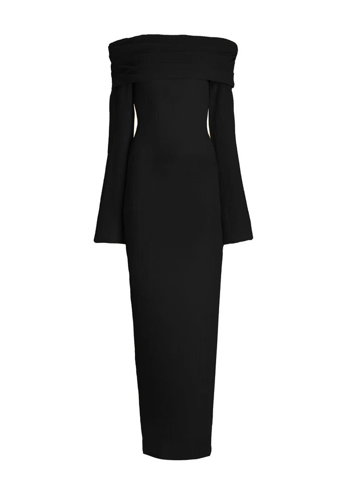Draped Bardot Flared Sleeve Column Dress - Black