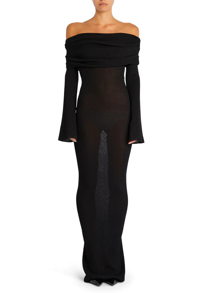 Draped Bardot Flared Sleeve Column Dress - Black - 1