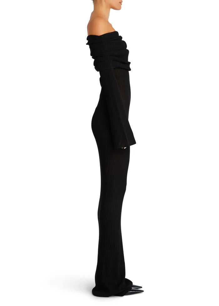 Draped Bardot Flared Sleeve Column Dress - Black - 2