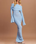 Draped Bardot Flared Sleeve Column Dress - Blue