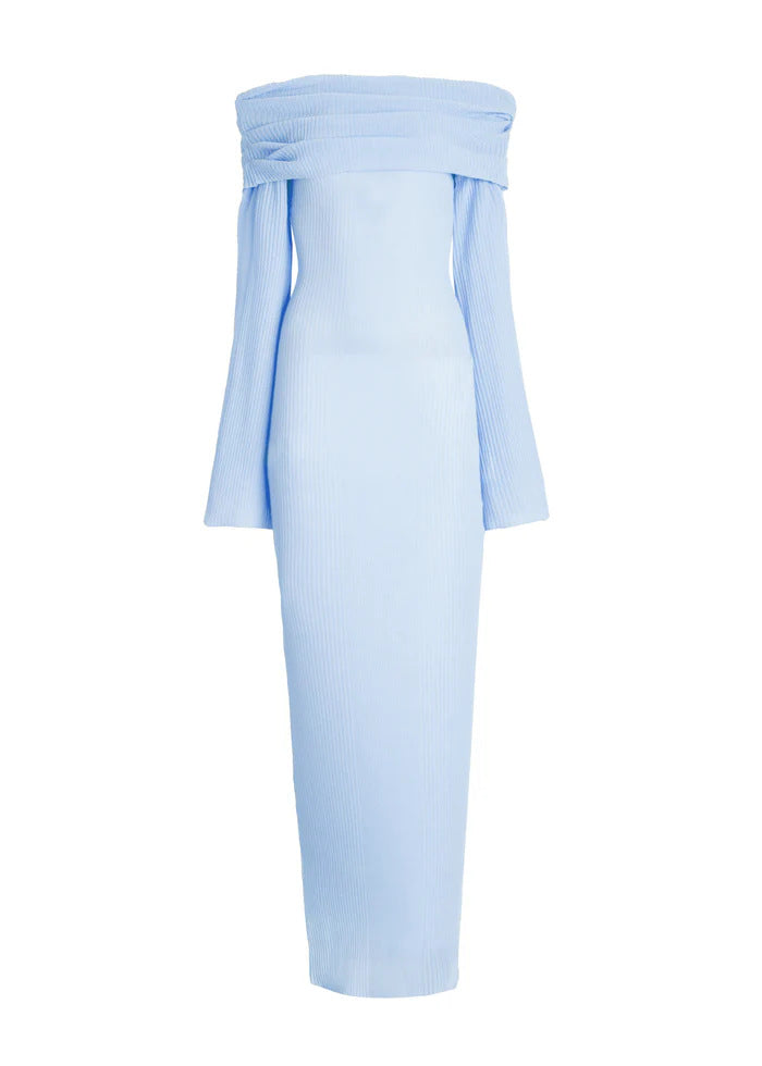 Draped Bardot Flared Sleeve Column Dress - Blue - 1