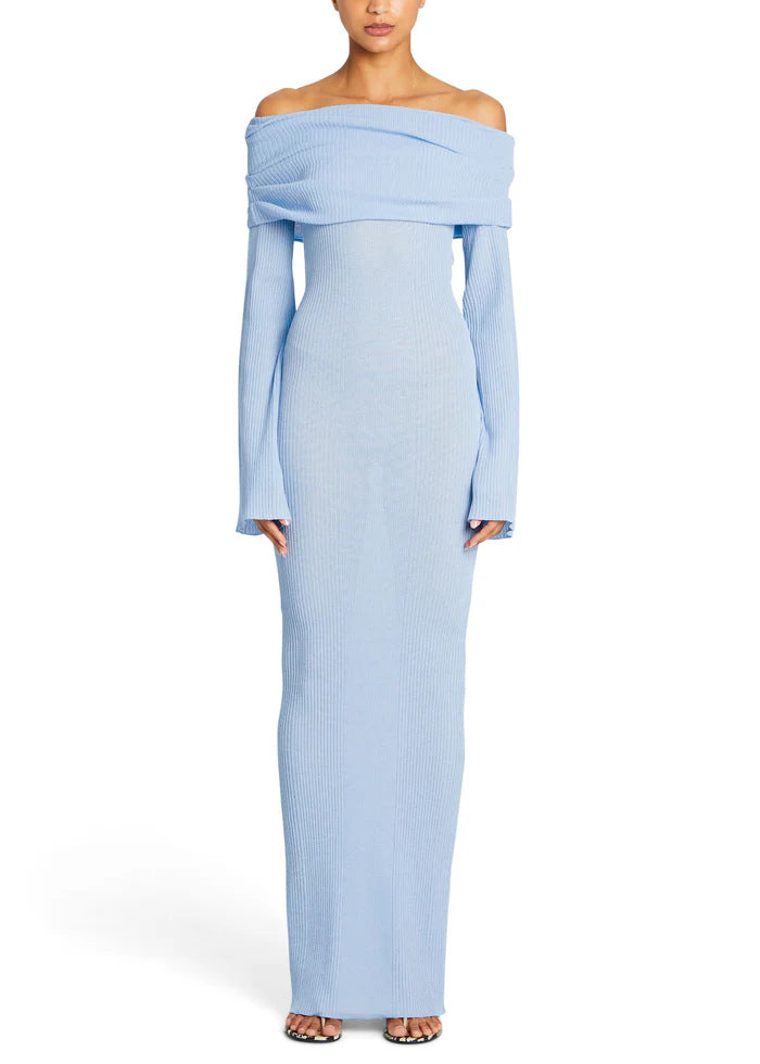 Draped Bardot Flared Sleeve Column Dress - Blue - 2