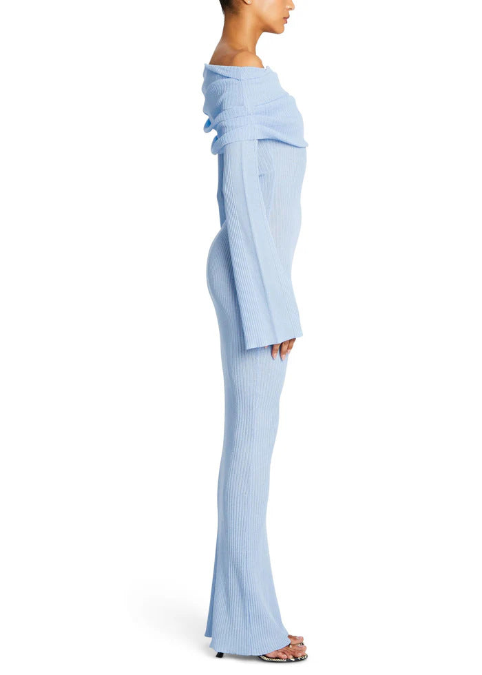 Draped Bardot Flared Sleeve Column Dress - Blue - 3