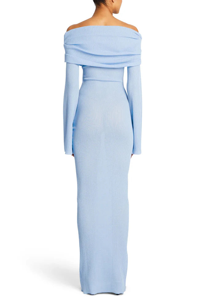 Draped Bardot Flared Sleeve Column Dress - Blue - 4