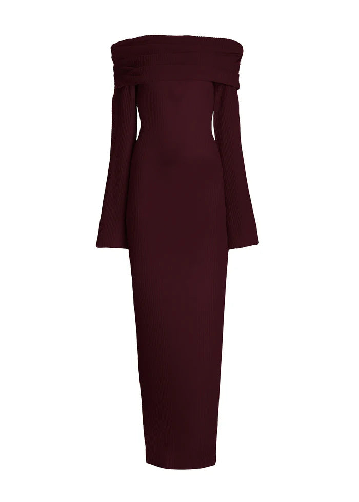 Draped Bardot Flared Sleeve Column Dress - Scarlet