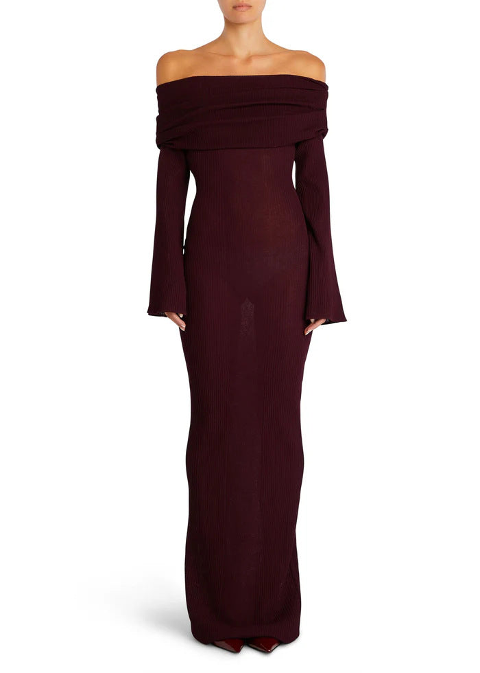 Draped Bardot Flared Sleeve Column Dress - Scarlet - 1