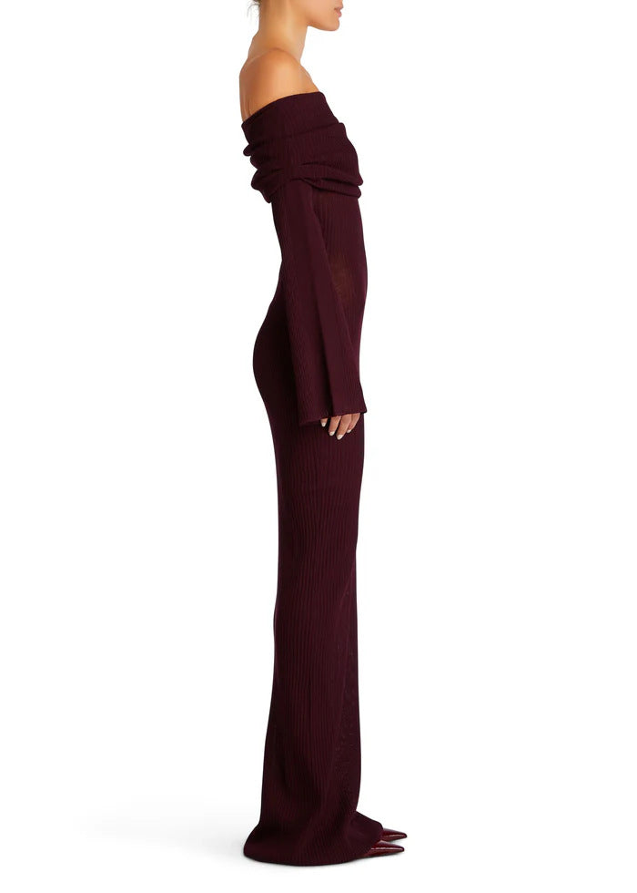 Draped Bardot Flared Sleeve Column Dress - Scarlet - 2