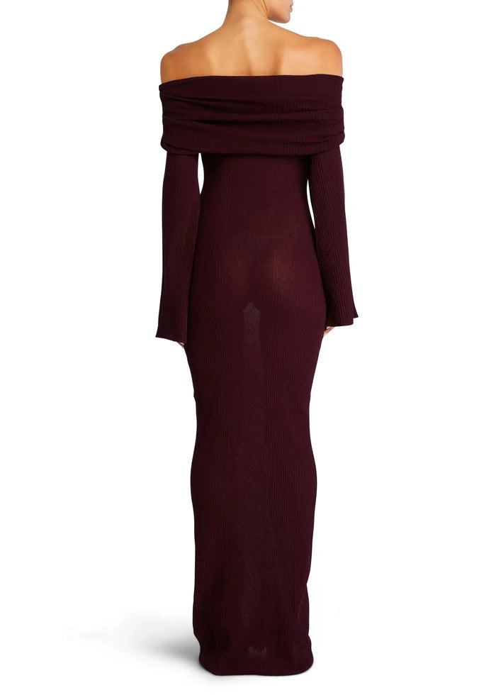 Draped Bardot Flared Sleeve Column Dress - Scarlet - 3