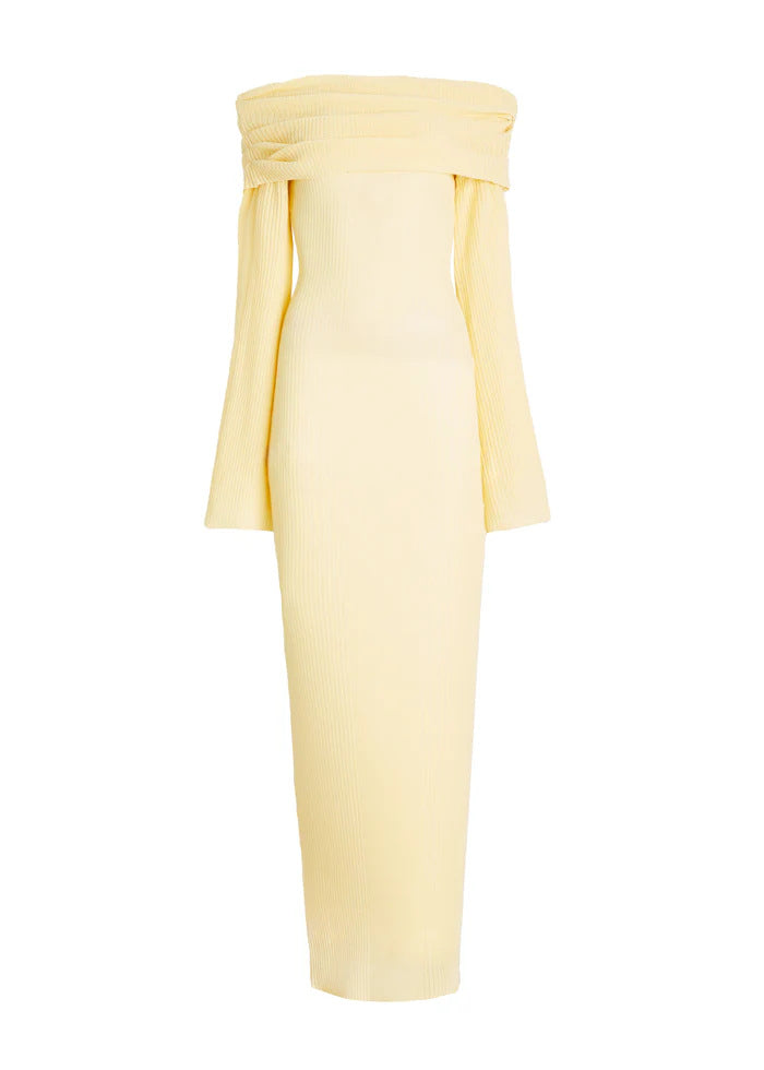 Draped Bardot Flared Sleeve Column Dress - Yellow
