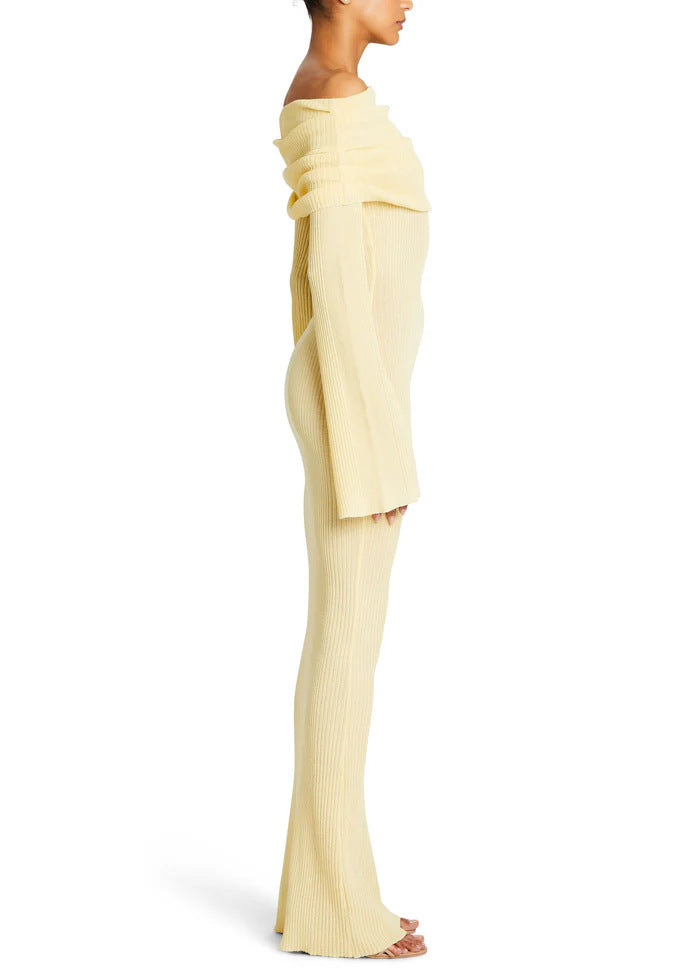 Draped Bardot Flared Sleeve Column Dress - Yellow - 1