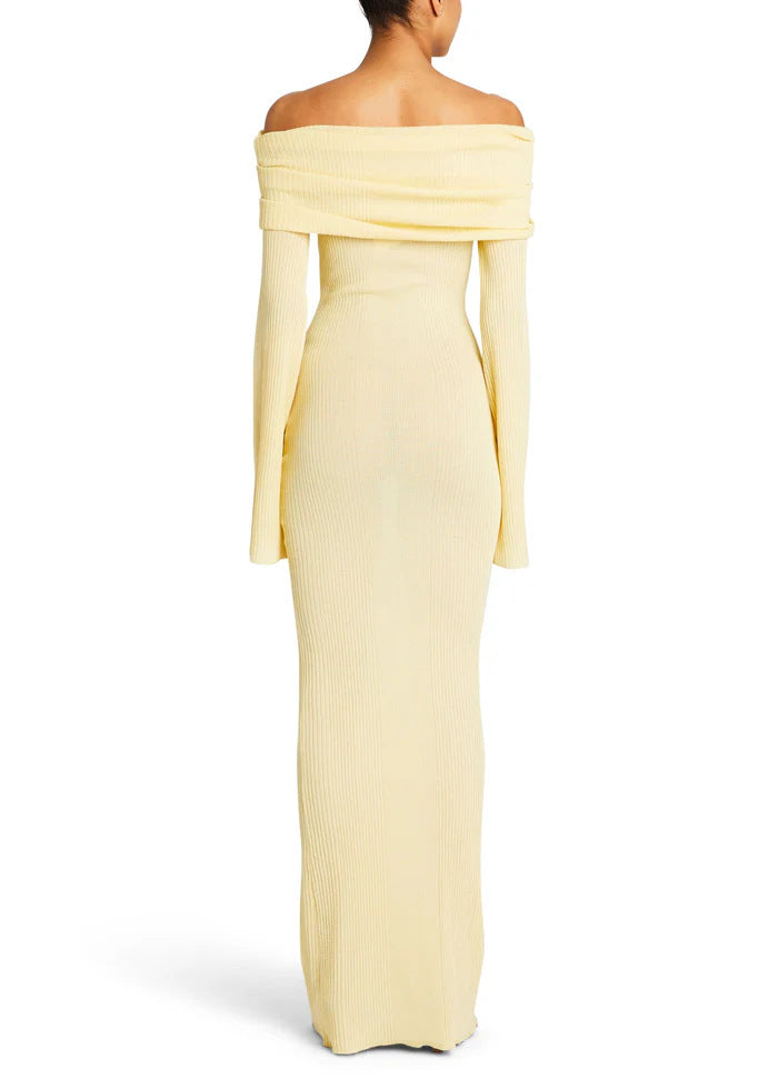 Draped Bardot Flared Sleeve Column Dress - Yellow - 2