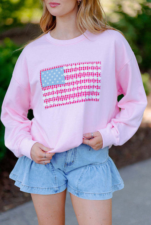 Americana Flag Crewneck Pullover Sweatshirt - Pink01
