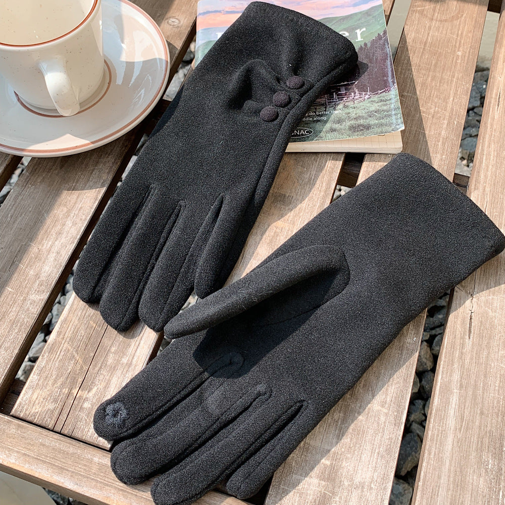 Ruched Cuff Gloves With Ball Buttons - Black