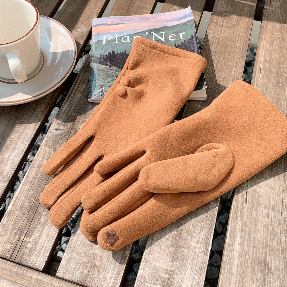 Ruched Cuff Gloves With Ball Buttons - Brown