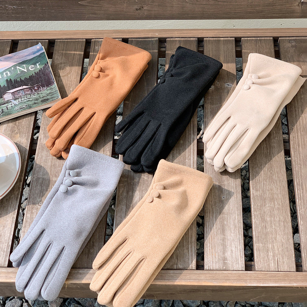 Ruched Cuff Gloves With Ball Buttons - Grey