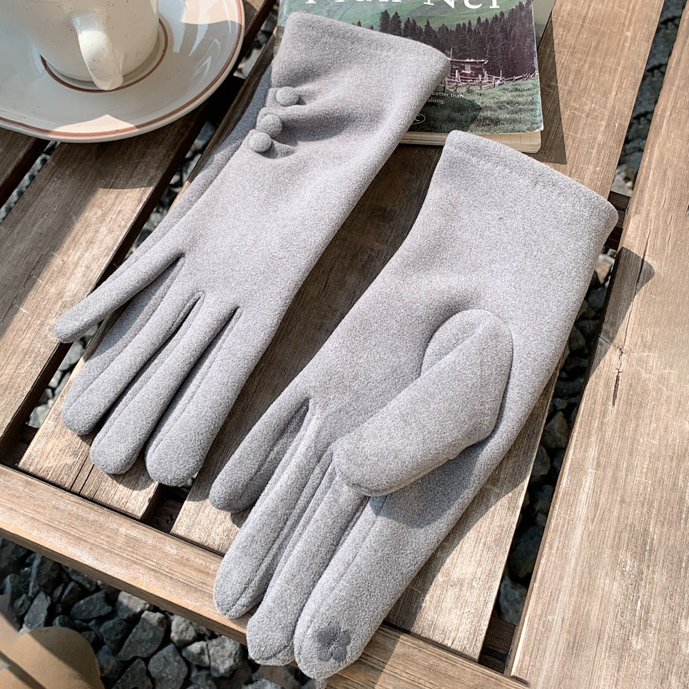 Ruched Cuff Gloves With Ball Buttons - Grey - 1