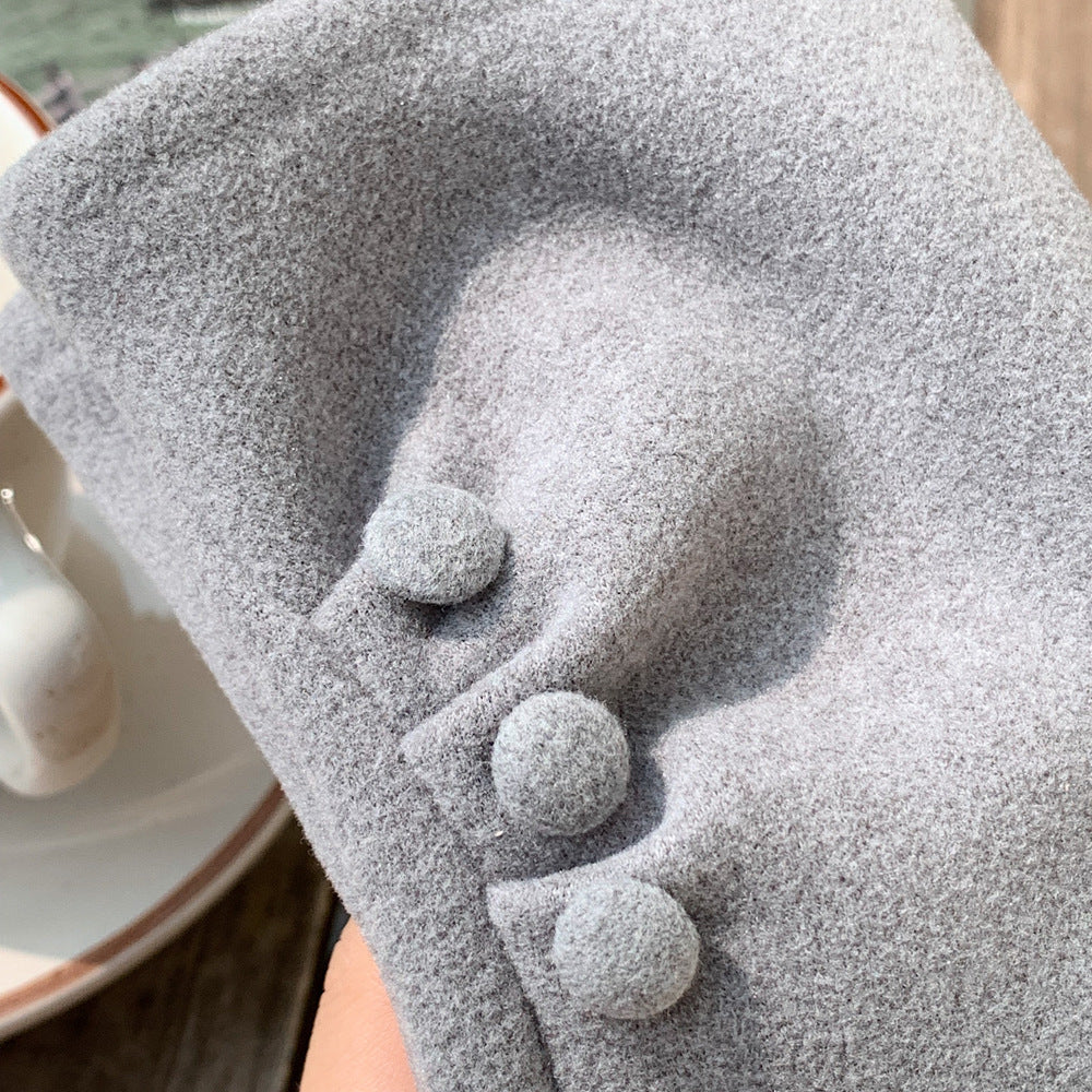 Ruched Cuff Gloves With Ball Buttons - Grey - 4