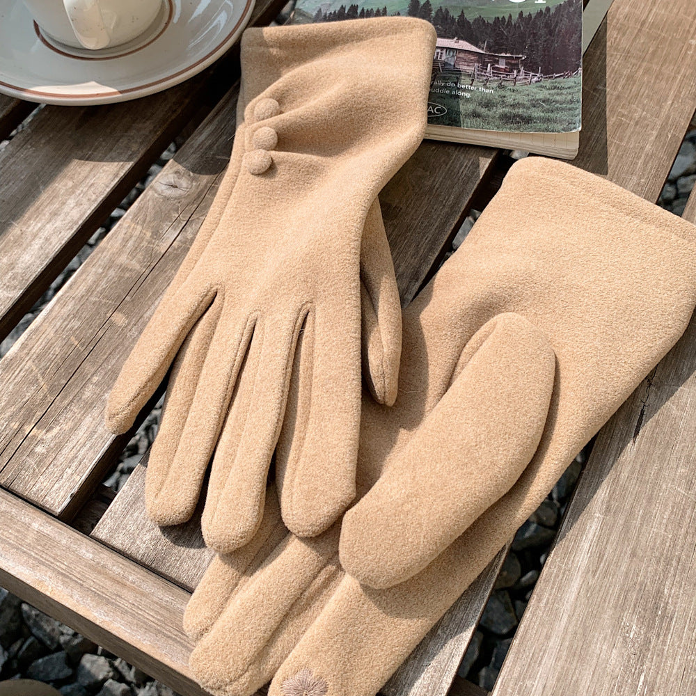 Ruched Cuff Gloves With Ball Buttons - Khaki