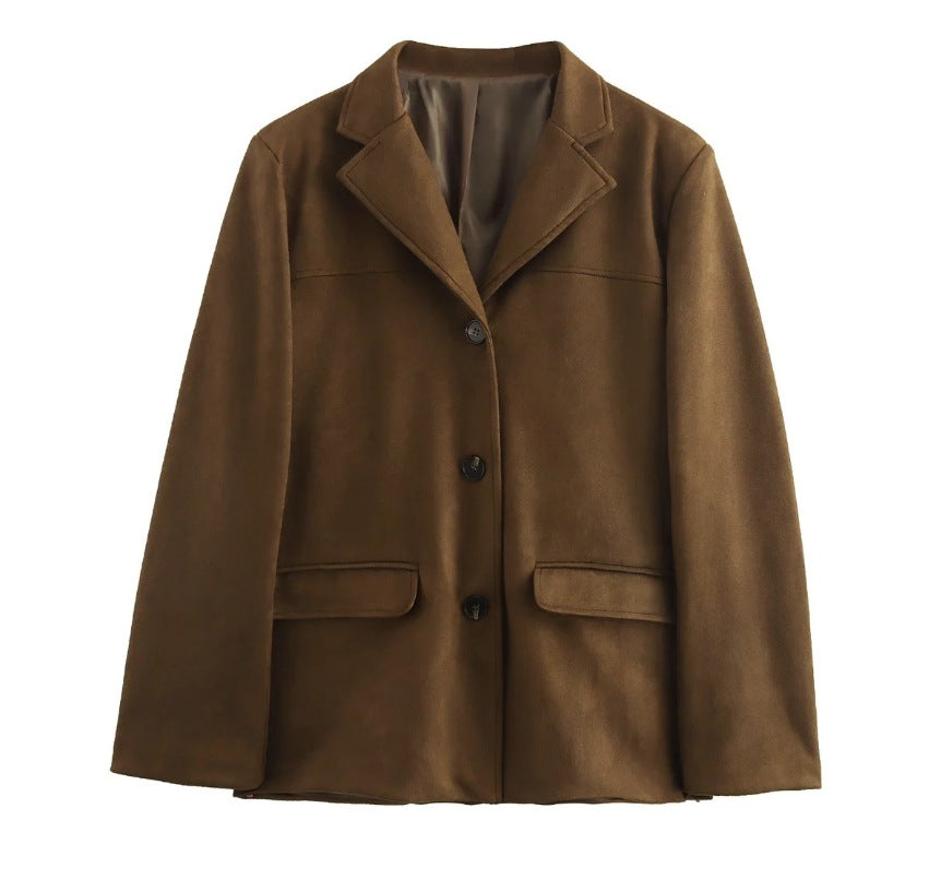 Faux Suede Oversized Single Breasted Blazer - Darkbrown - 1