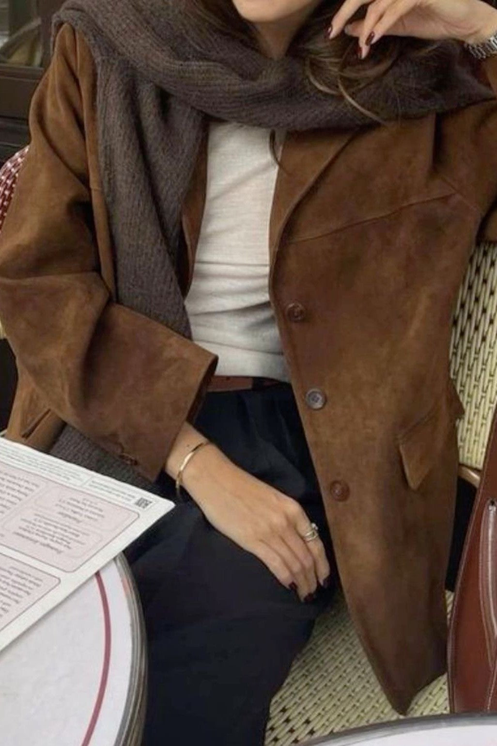 Faux Suede Oversized Single Breasted Blazer - Darkbrown - 3
