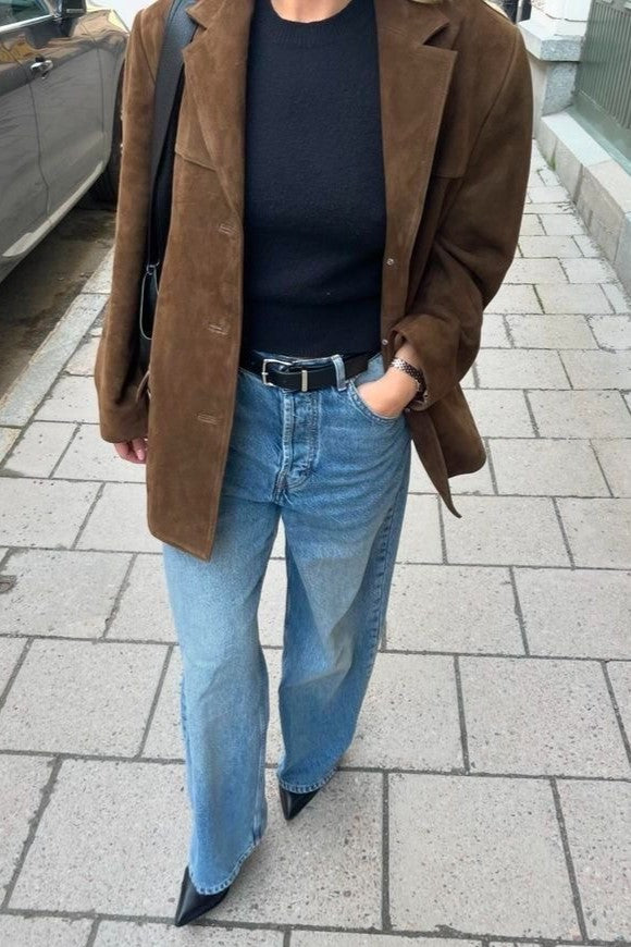 Faux Suede Oversized Single Breasted Blazer - Darkbrown - 4