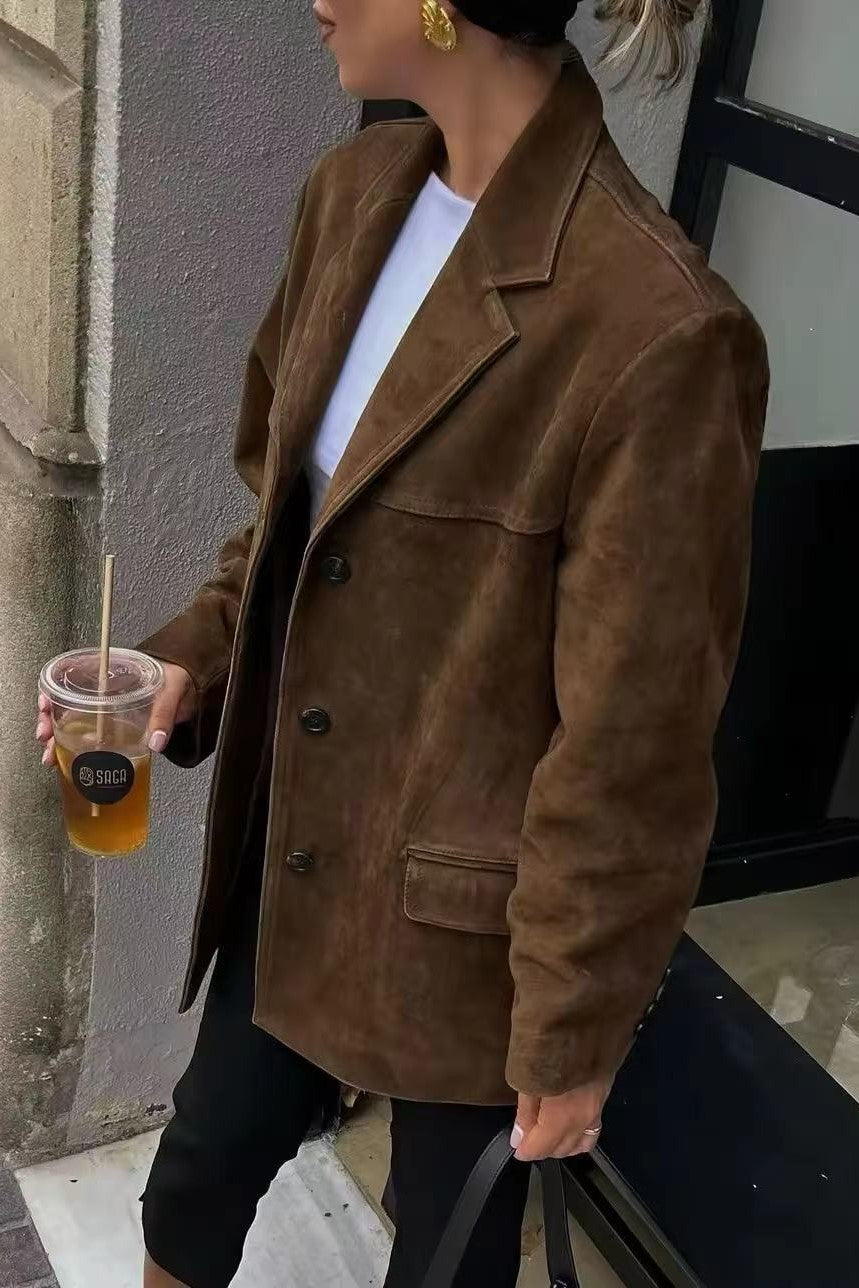 Faux Suede Oversized Single Breasted Blazer - Darkbrown - 5