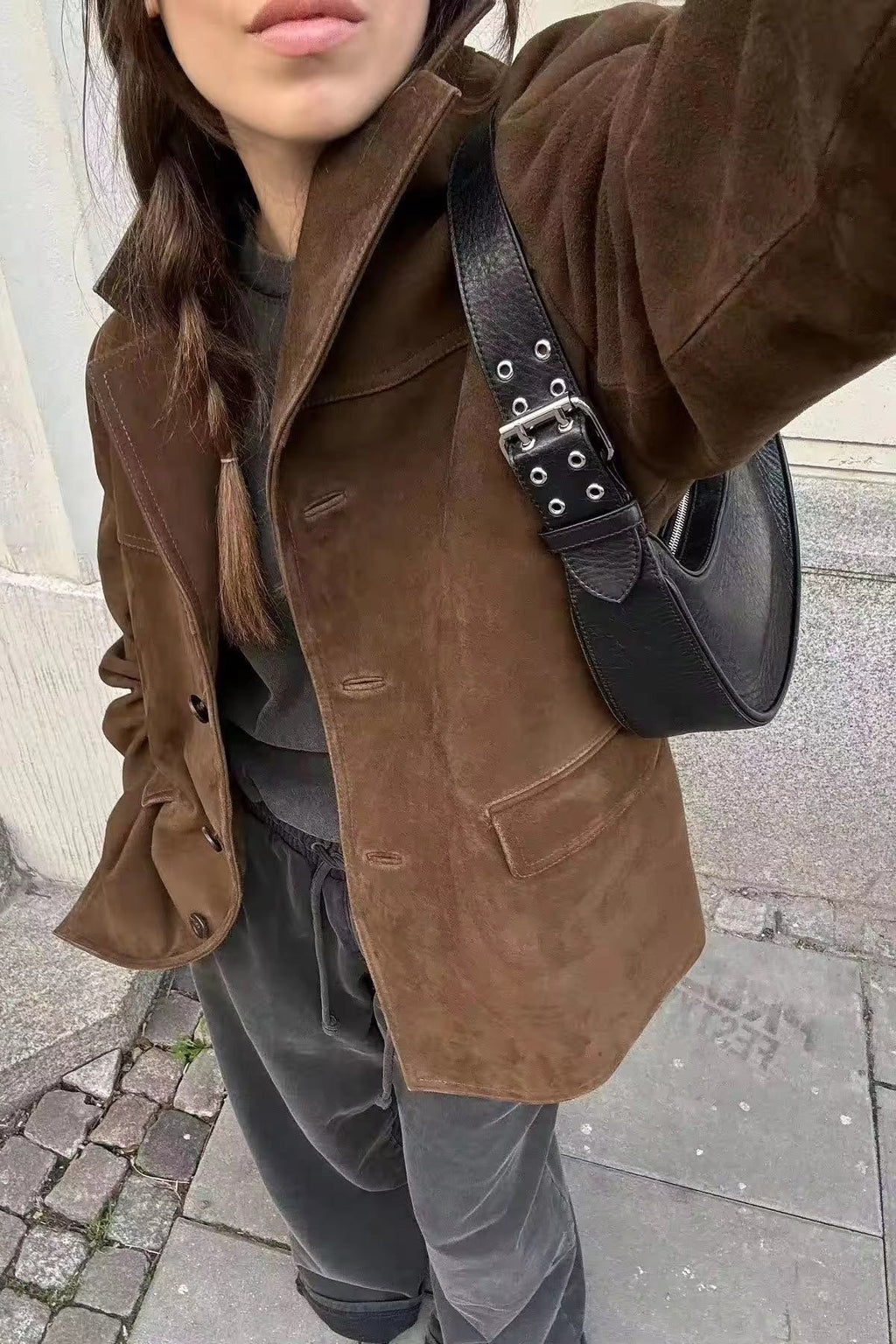 Faux Suede Oversized Single Breasted Blazer - Darkbrown - 6
