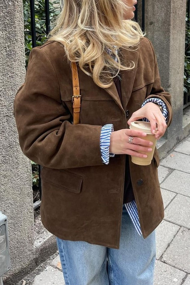 Faux Suede Oversized Single Breasted Blazer - Darkbrown - 9
