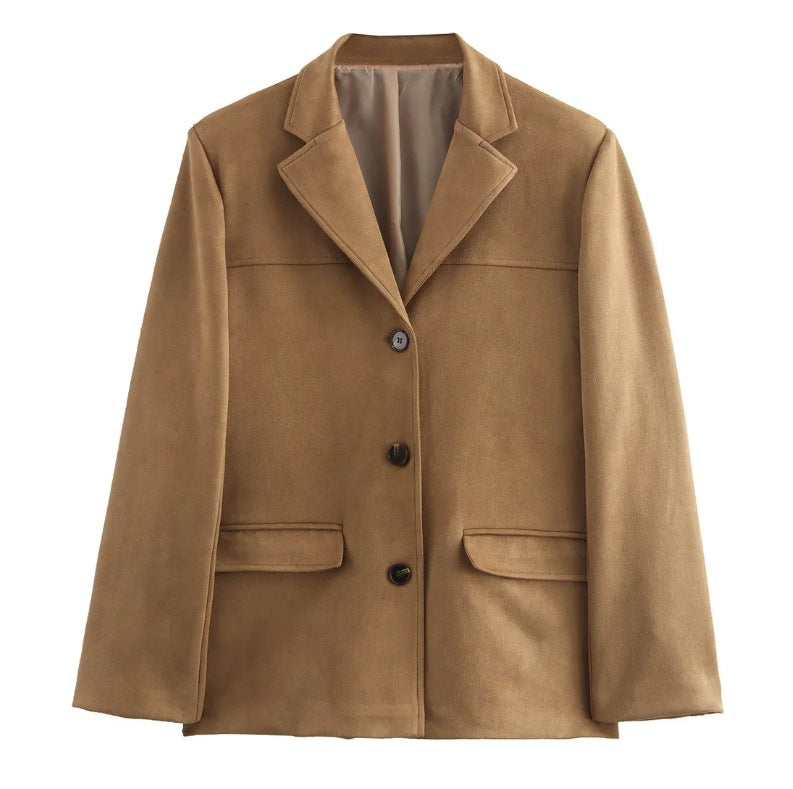 Faux Suede Oversized Single Breasted Blazer - Ltbrown