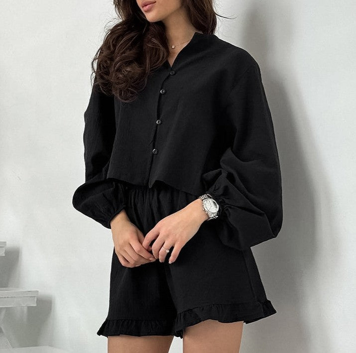 Cotton Ruffle Trim Short Sleep Set - Black