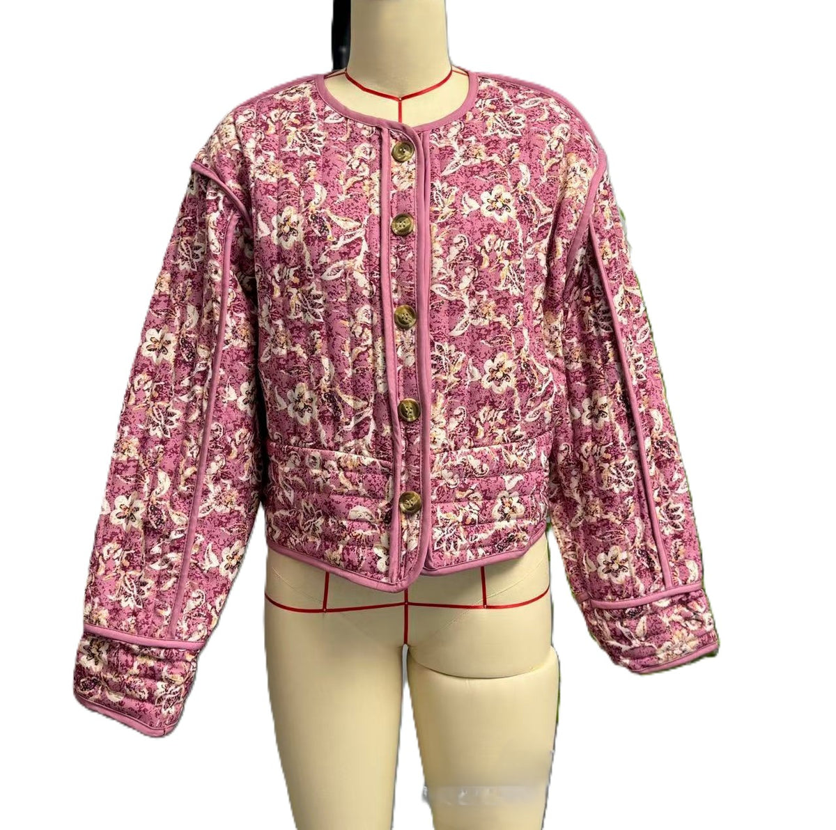 Floral Quilted Cropped Button Front Jacket - Pink