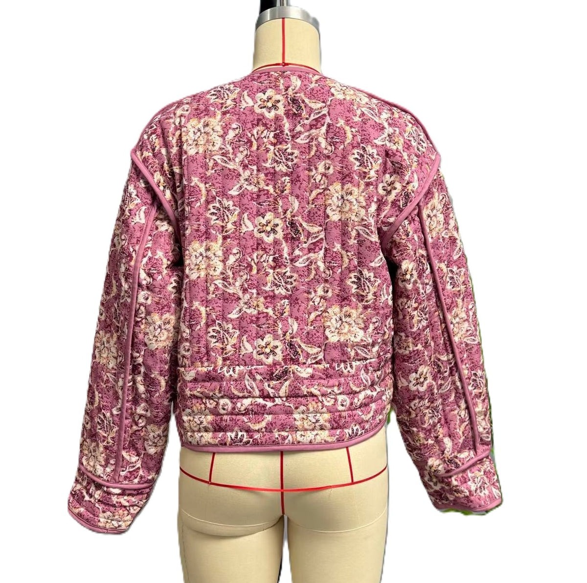 Floral Quilted Cropped Button Front Jacket - Pink - 1