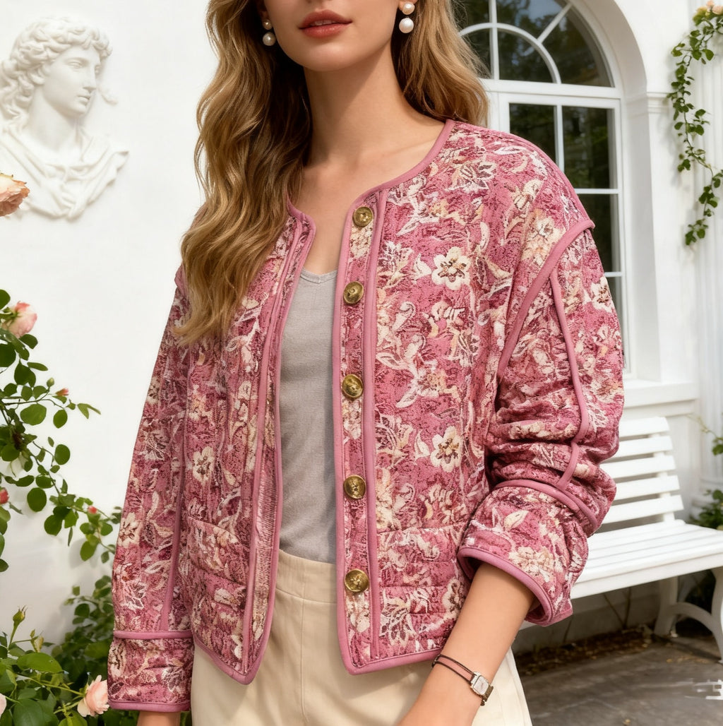 Floral Quilted Cropped Button Front Jacket