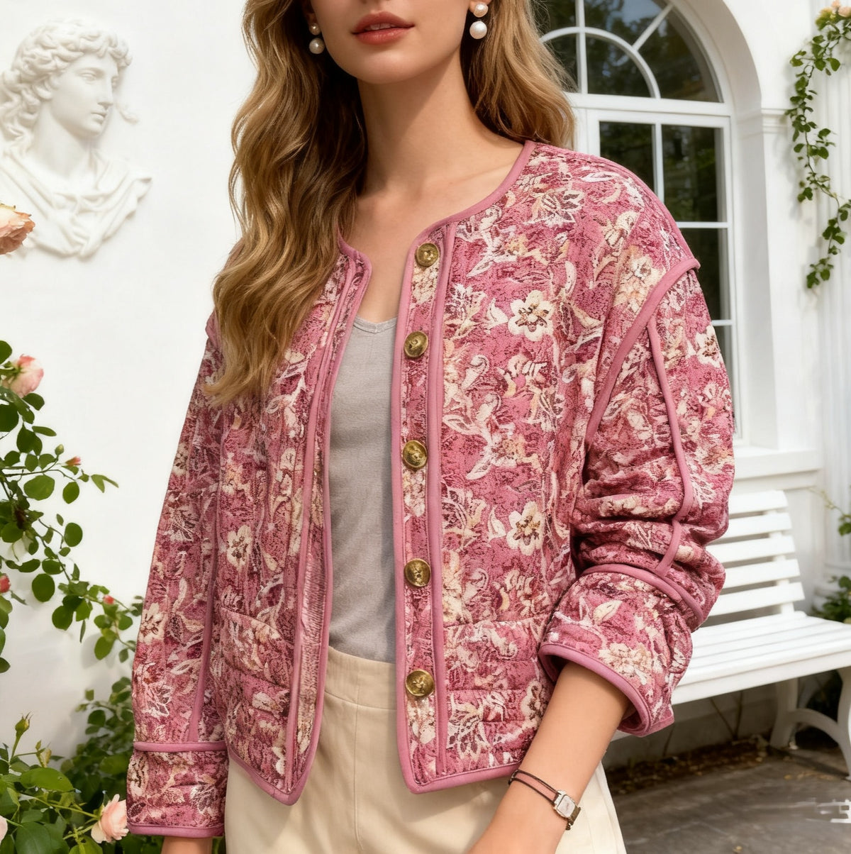 Floral Quilted Cropped Button Front Jacket