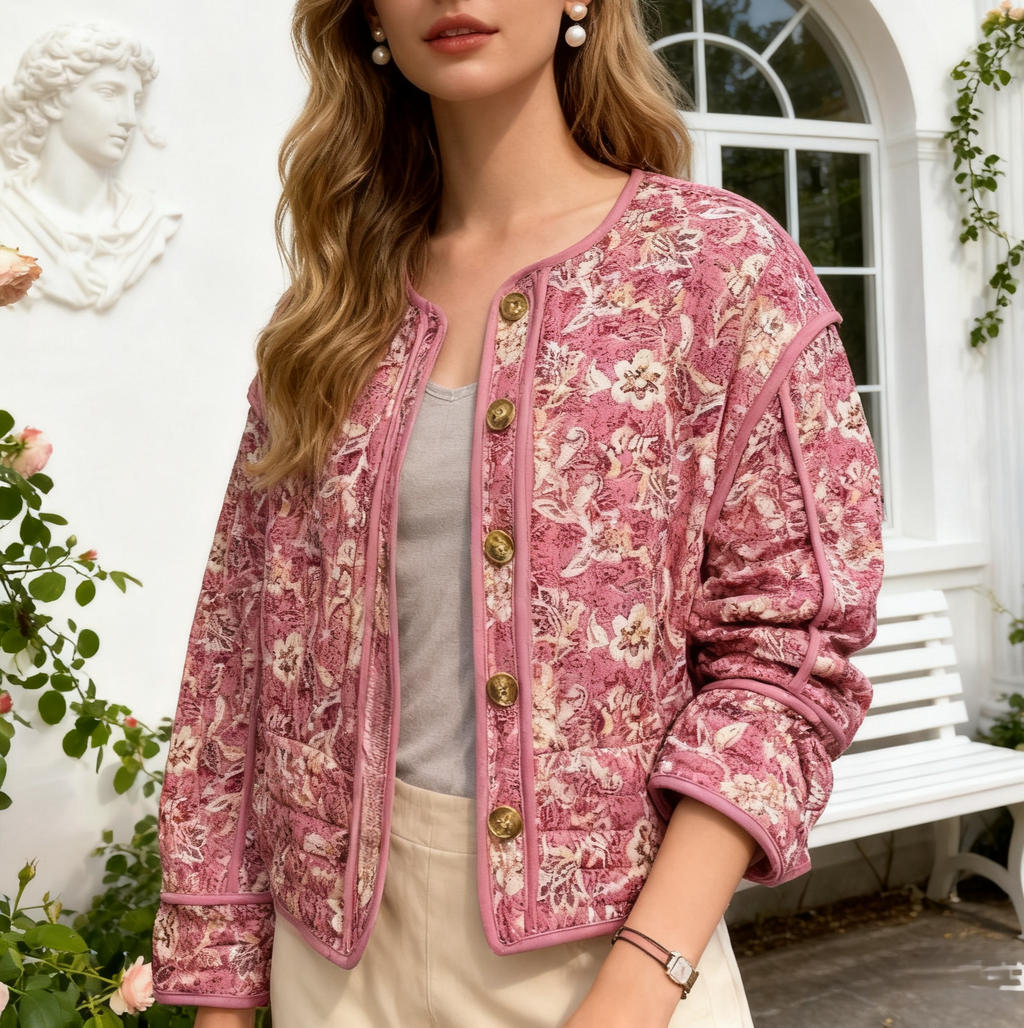 Floral Quilted Cropped Button Front Jacket - view 1