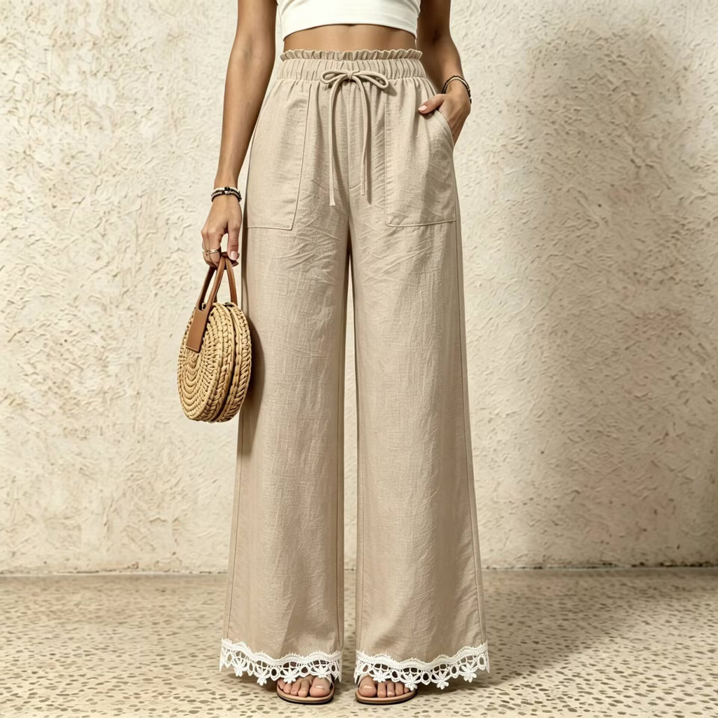 Linen Blend Drawstring Pants With Crochet Hem - Apricot