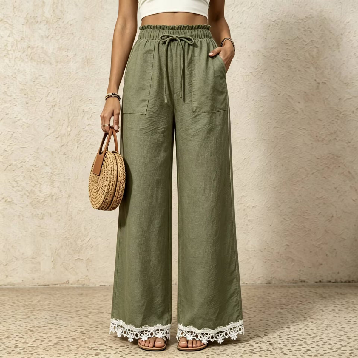 Linen Blend Drawstring Pants With Crochet Hem - ArmyGreen