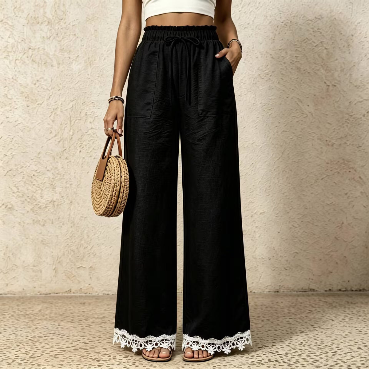 Linen Blend Drawstring Pants With Crochet Hem - Black