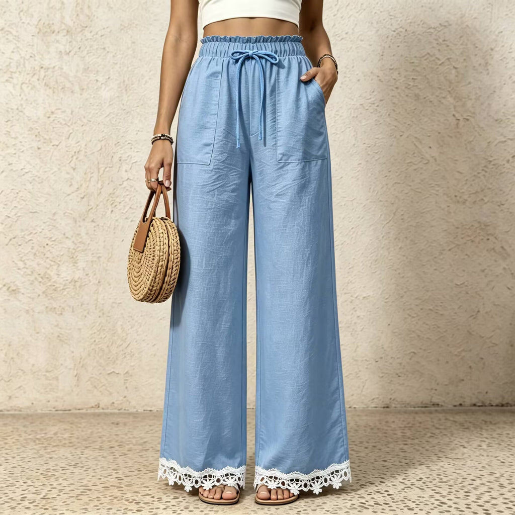 Linen Blend Drawstring Pants With Crochet Hem - Blue