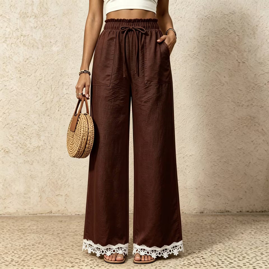 Linen Blend Drawstring Pants With Crochet Hem - DarkBrown