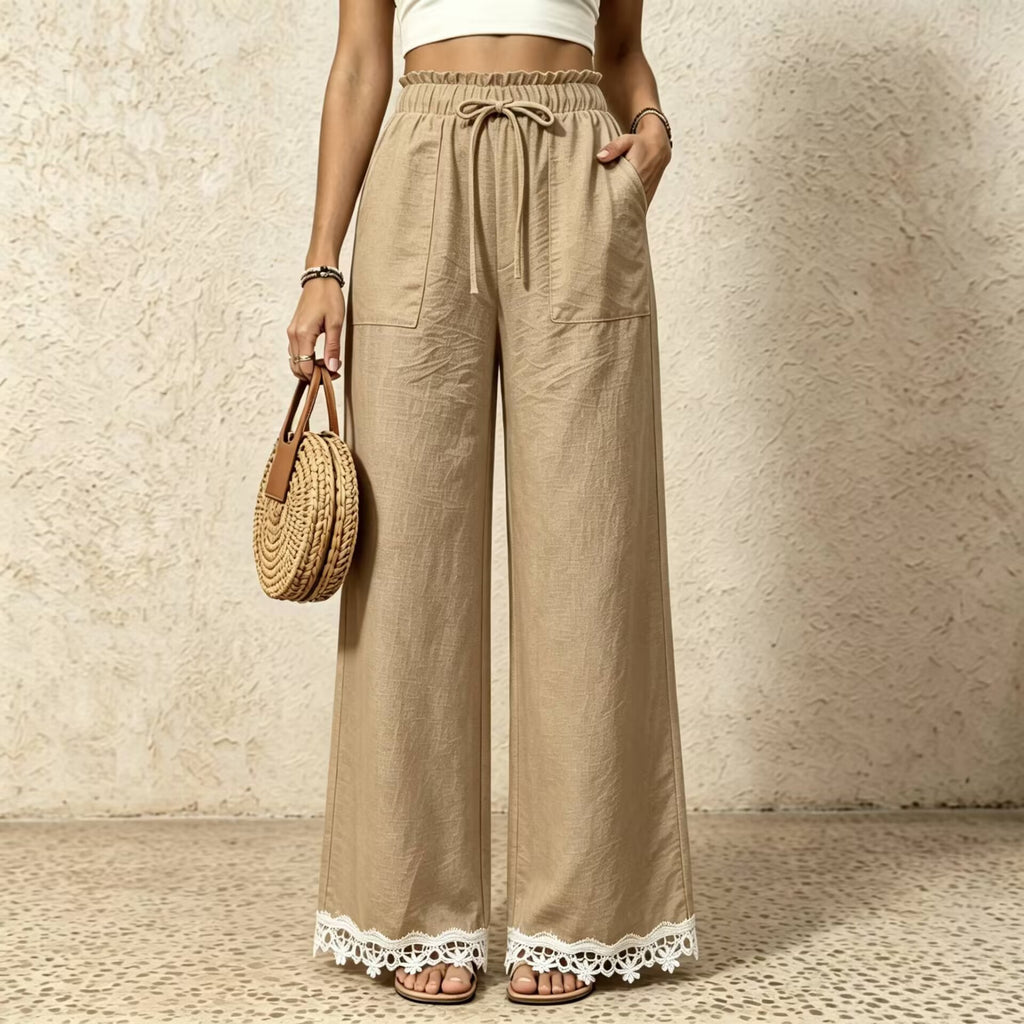 Linen Blend Drawstring Pants With Crochet Hem - Khaki