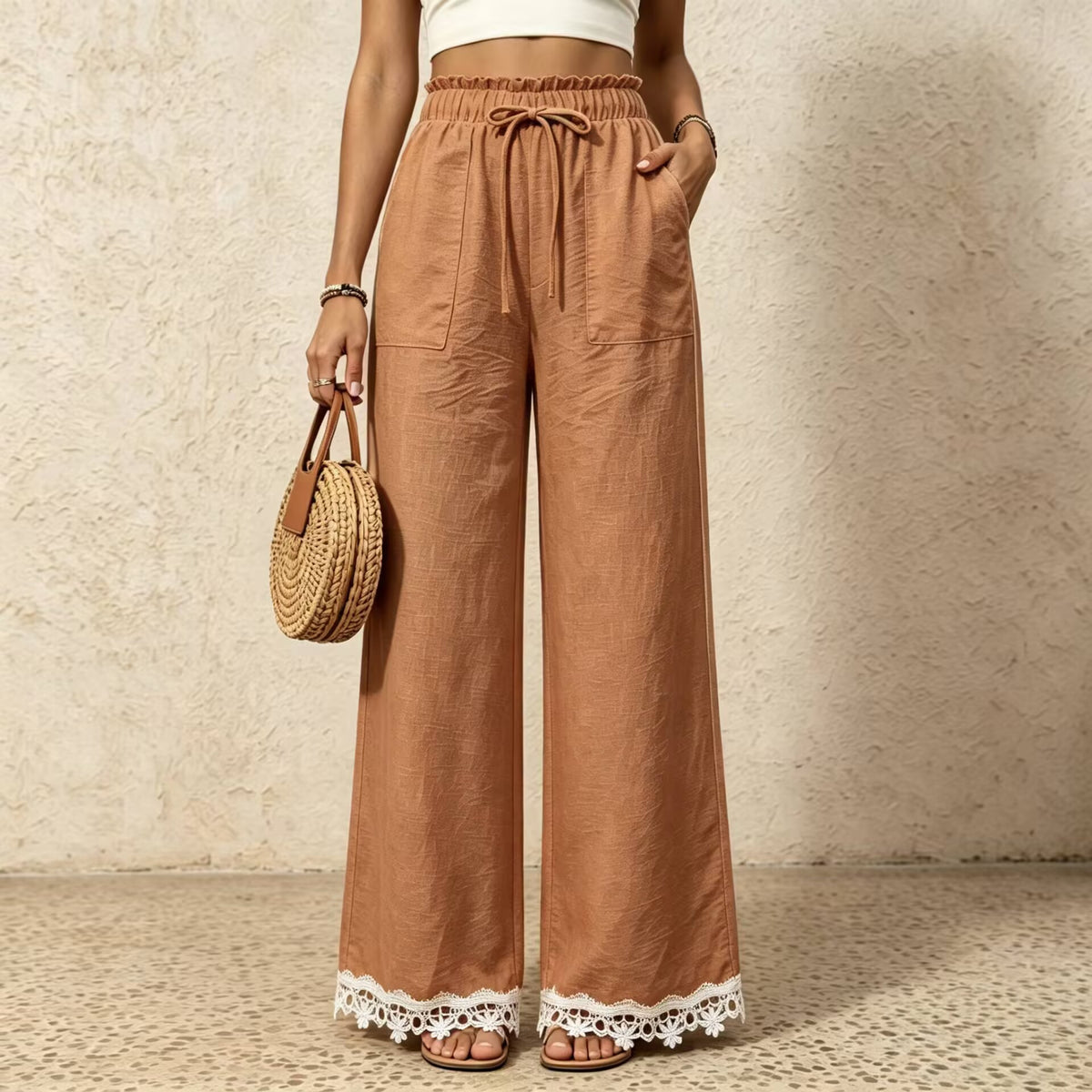 Linen Blend Drawstring Pants With Crochet Hem - Orange