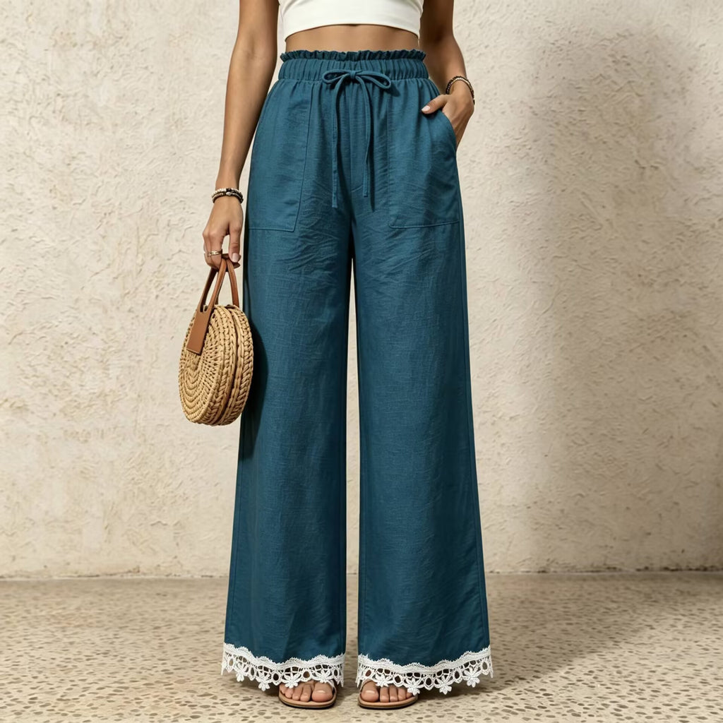 Linen Blend Drawstring Pants With Crochet Hem - Peacock